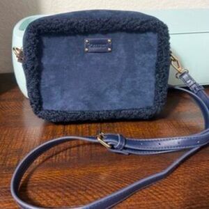BearPaw Purse Bag Navy Blue Shearling Trim Camera Crossbody Faux Suede